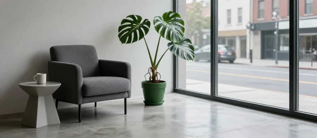 Un salon minimaliste baigné de lumière naturelle symbolisant une vision globale de l'espace environnant.